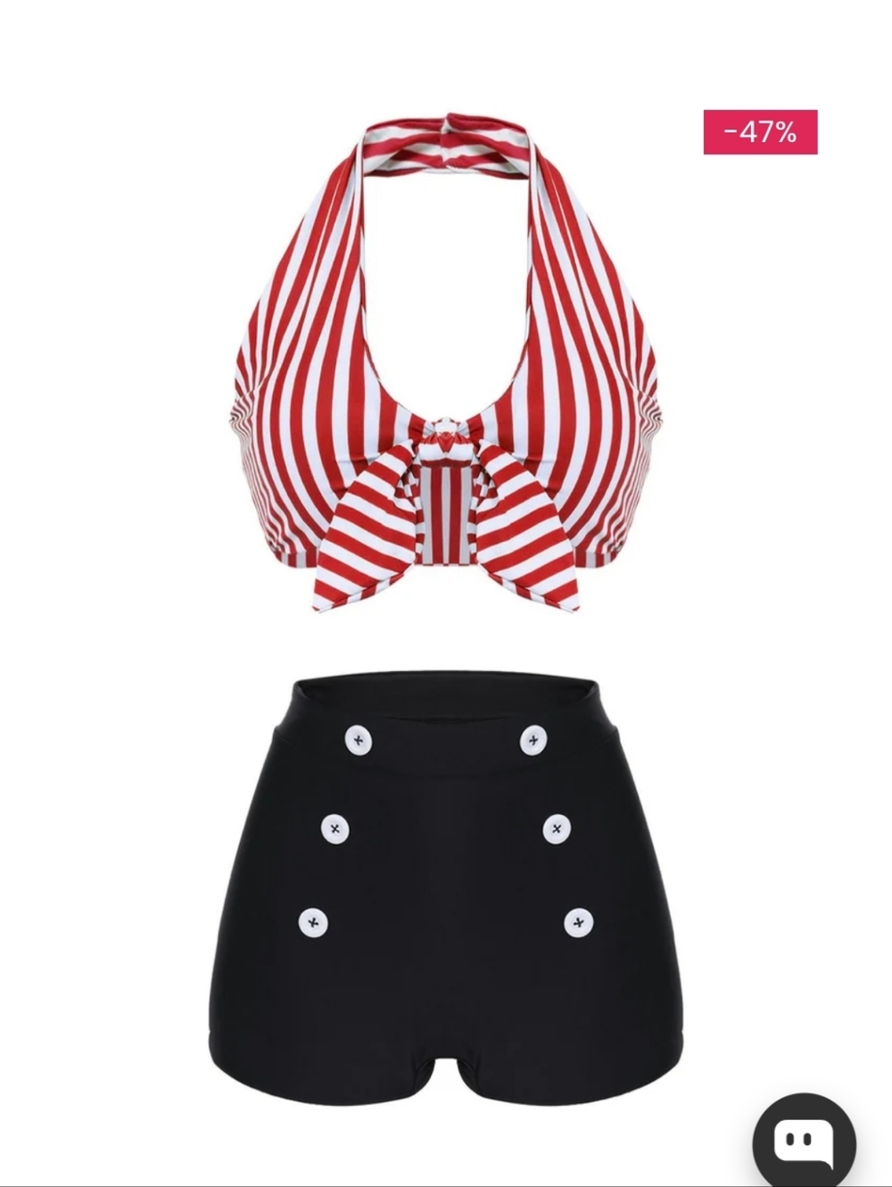 1950s Retro Inspired Striped Halter Bikini Top w/ High-Waist Black Button Shorts